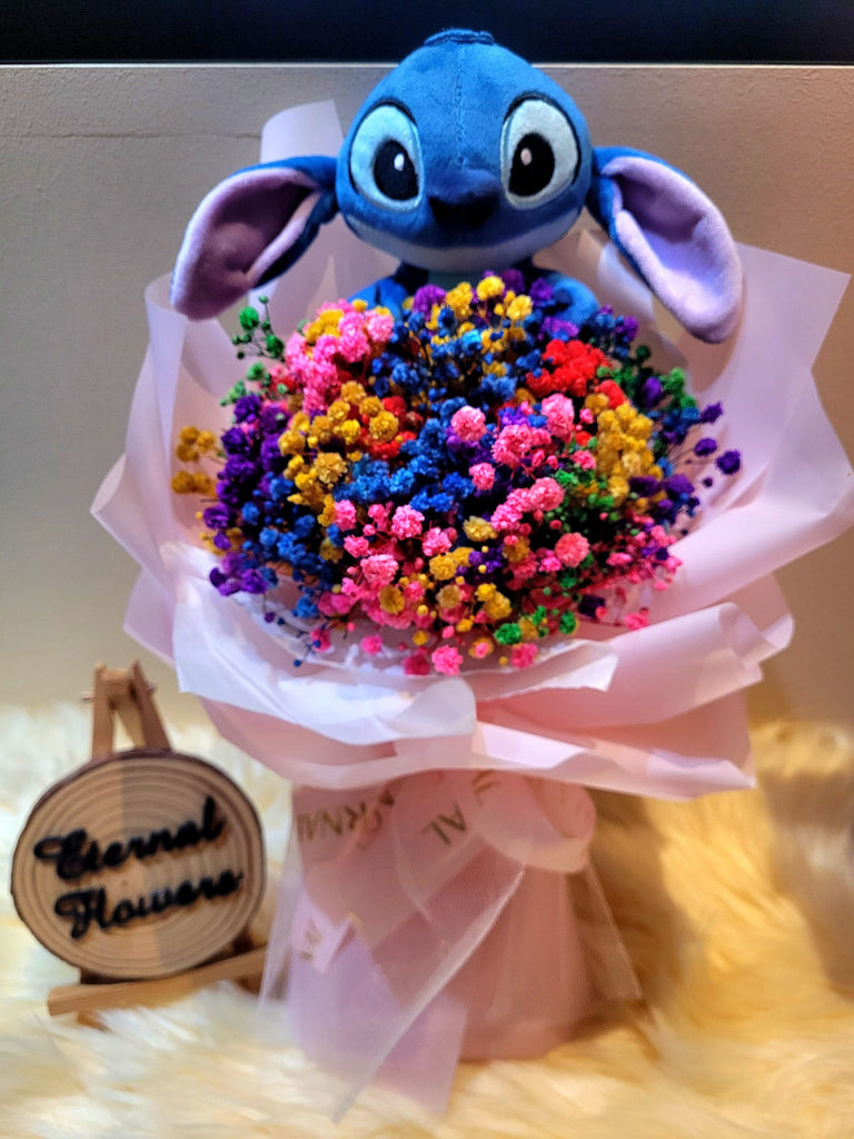 Eternal Blossoms Preserved Baby's Breath Bouquet With Stitch Plush