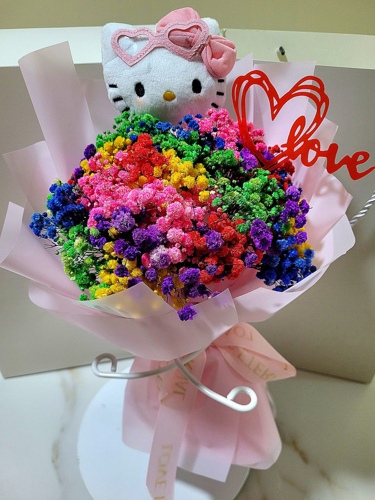 Eternal Blossoms Preserved Baby's Breath Bouquet With Hello Kitty Plush Toy.  100% High Quality Real Flowers. Same Day Delivery.