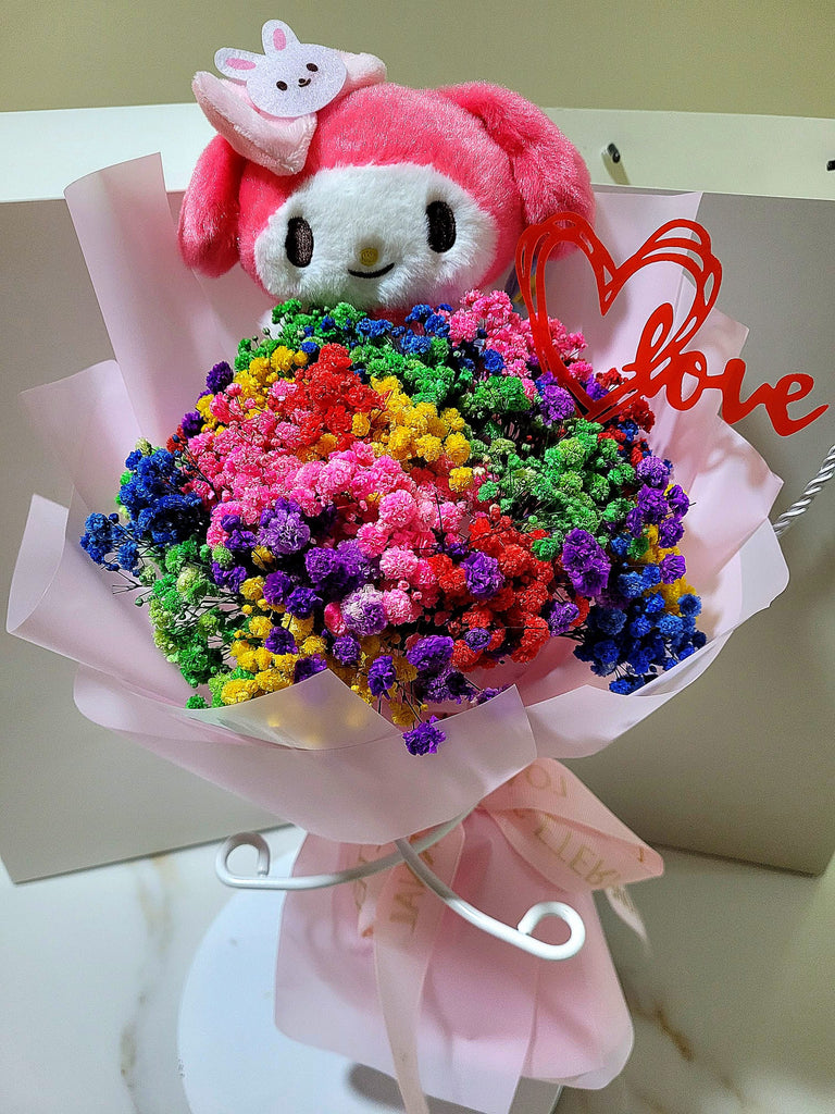 Eternal Blossoms Preserved Baby's Breath Bouquet With My Melody Plush Toy.  100% High Quality Real Flowers. Same Day Delivery.