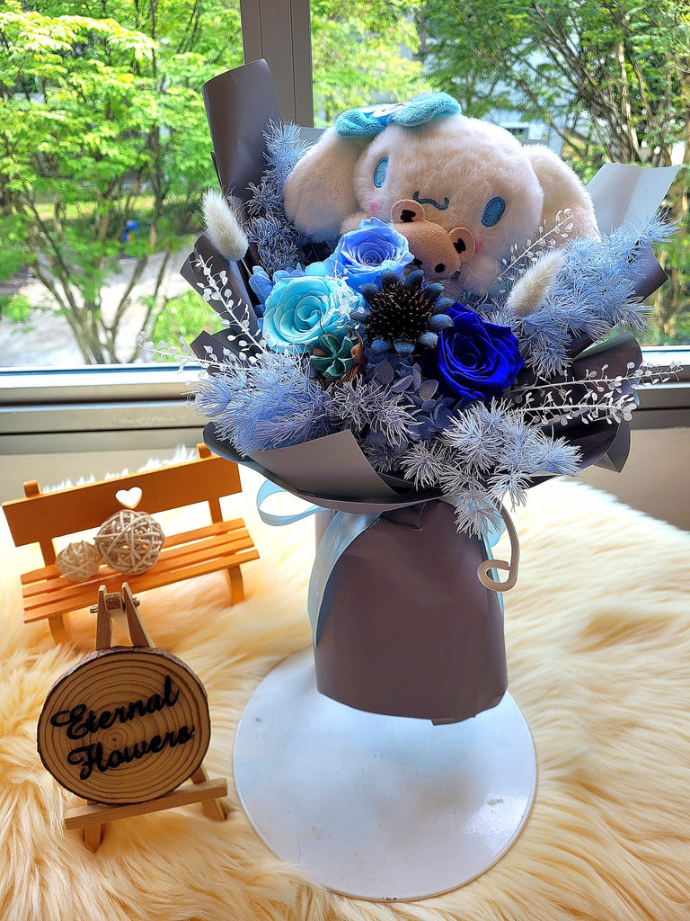 Eternal Elegance Blue Preserved Roses Bouquet With Cinnamoroll Plush Toy. Same Day Delivery.