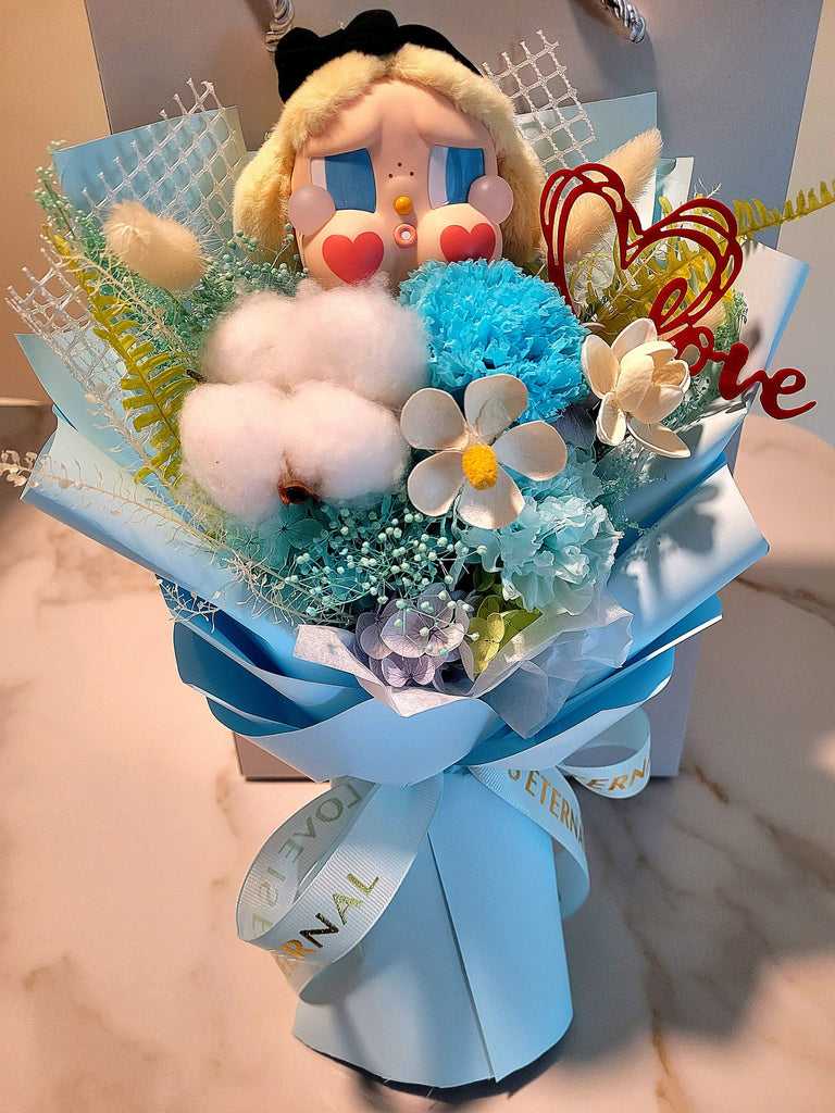 AUTHENTIC Crybaby With Eternal Blossoms Preserved Blue Carnation Bouquet.