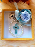 Christian Bag Charm With Blue Preserved Rose And Acrylic Cross (Same Day Delivery. Comes with a Gift Box)