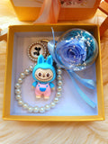 Blue Rose Preserved Flower Charm With Labubu. Same Day Delivery.