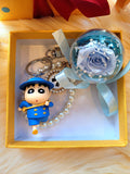 Blue Rose Preserved Flower Charm With Crayon Shin-Chan. Same Day Delivery.