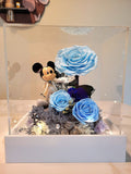 Premium Mickey Mouse or Minnie Mouse & Blue Preserved Roses In Acrylic Box.