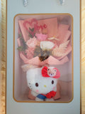 Eternal Elegance Peach White Pink Preserved Roses Bouquet With Hello Kitty Plush