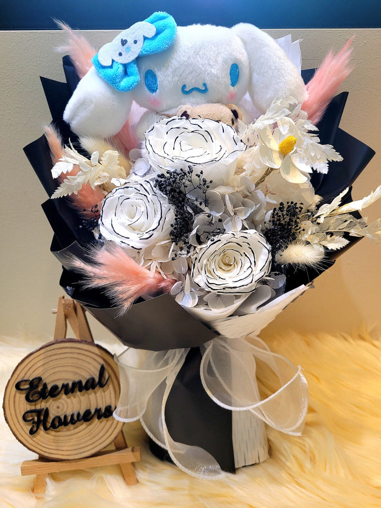 Timeless Romance Chanel White Preserved Roses Bouquet With Cinnamoroll Plush.