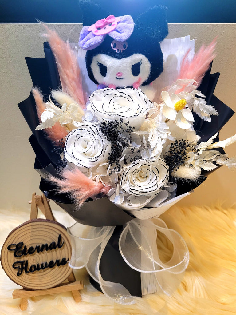 Timeless Romance Chanel White Preserved Roses Bouquet With Kuromi Plush.