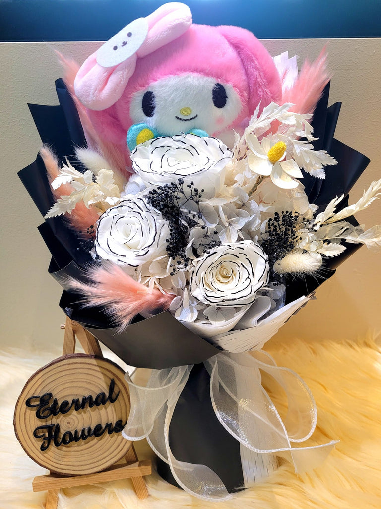 Timeless Romance Chanel White Preserved Roses Bouquet With My Melody Plush.