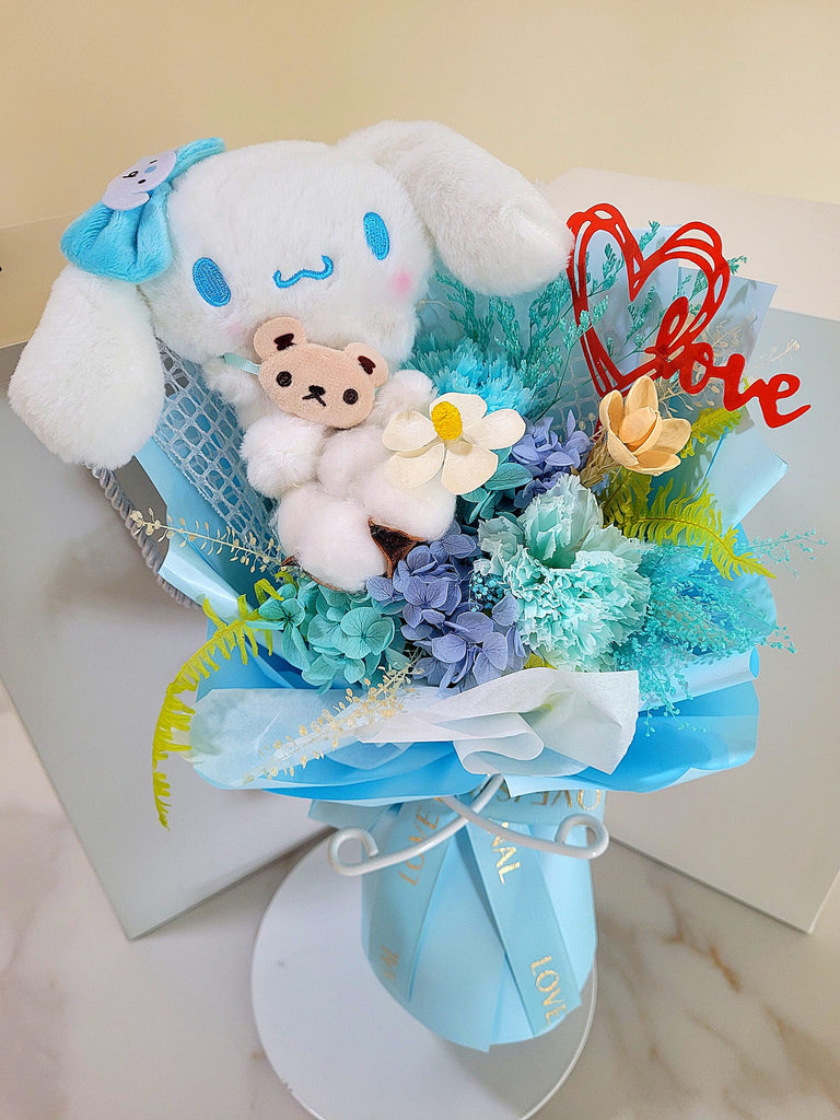 Eternal Blossoms Blue Carnation Bouquet With Cinnamoroll Plush