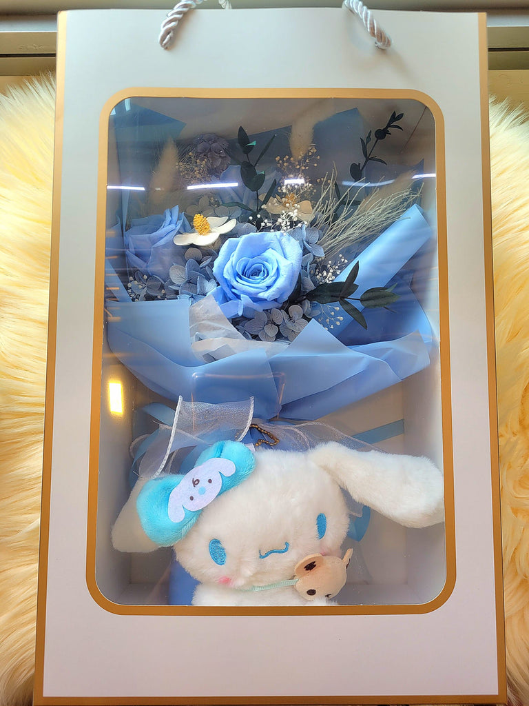 Timeless Romance Blue Preserved Roses Bouquet With Cinnamoroll Plush Toy. Same Day Delivery.