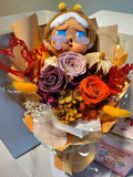 AUTHENTIC CRYBABY Plush With Timeless Romance Dark Orange, Smoke And Light Pink Preserved Roses Bouquet.