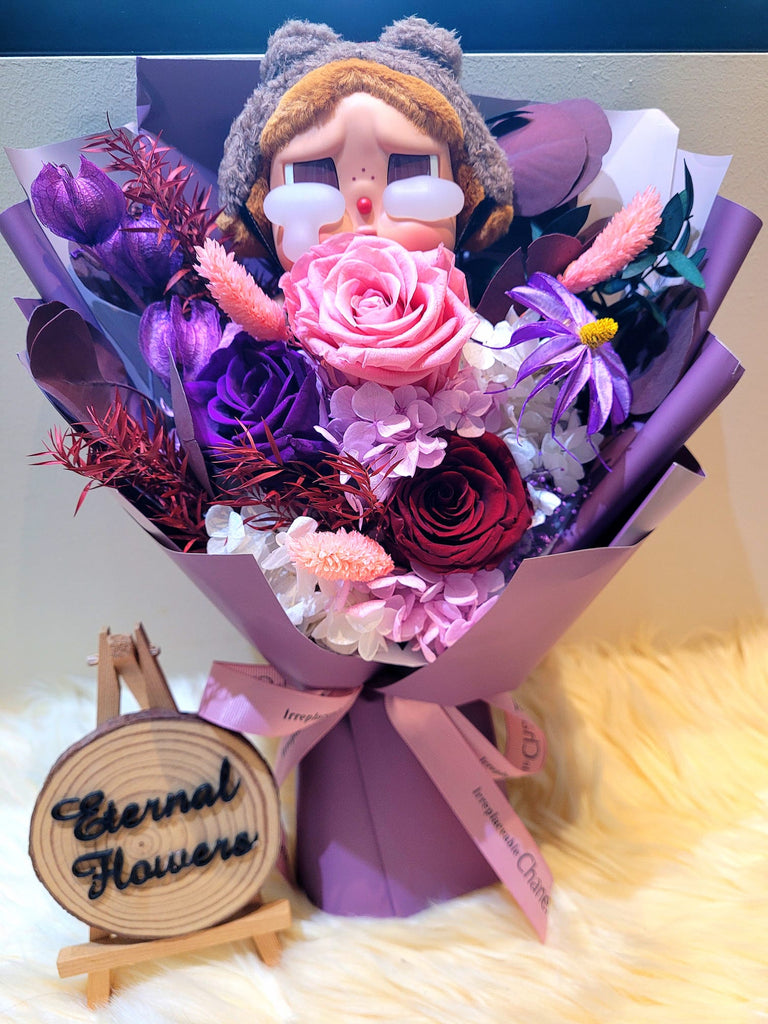AUTHENTIC CRYBABY With Timeless Romance Dark Purple, Dark Red and Light Pink Preserved Roses Bouquet