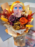 AUTHENTIC CRYBABY Plush With Timeless Romance Dark Orange, Smoke And Light Pink Preserved Roses Bouquet.