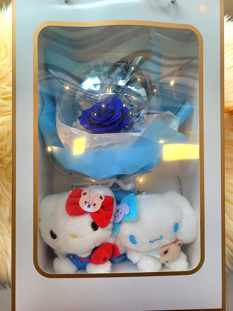 Acrylic Ball Preserved Dark Blue Rose Flowers Bouquet With Hello Kitty and Cinnamoroll Plush