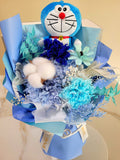 Eternal Blossoms Preserved Dark Blue Carnation Bouquet With Doraemon Plush