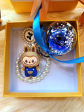 Dark Blue Rose Preserved Flower Charm With Labubu. Same Day Delivery Available.