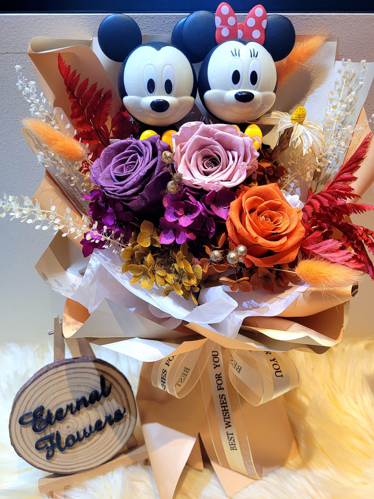 Eternal Couple Mickey and Minnie Mouse with Dark Orange, Smoke And Light Pink Preserved Roses Bouquet
