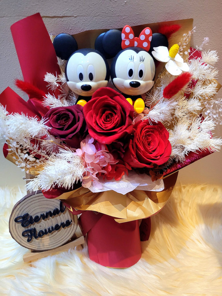Eternal Couple Mickey and Minnie Mouse With Dark Red, Wine Red and Antique Red Preserved Roses Bouquet