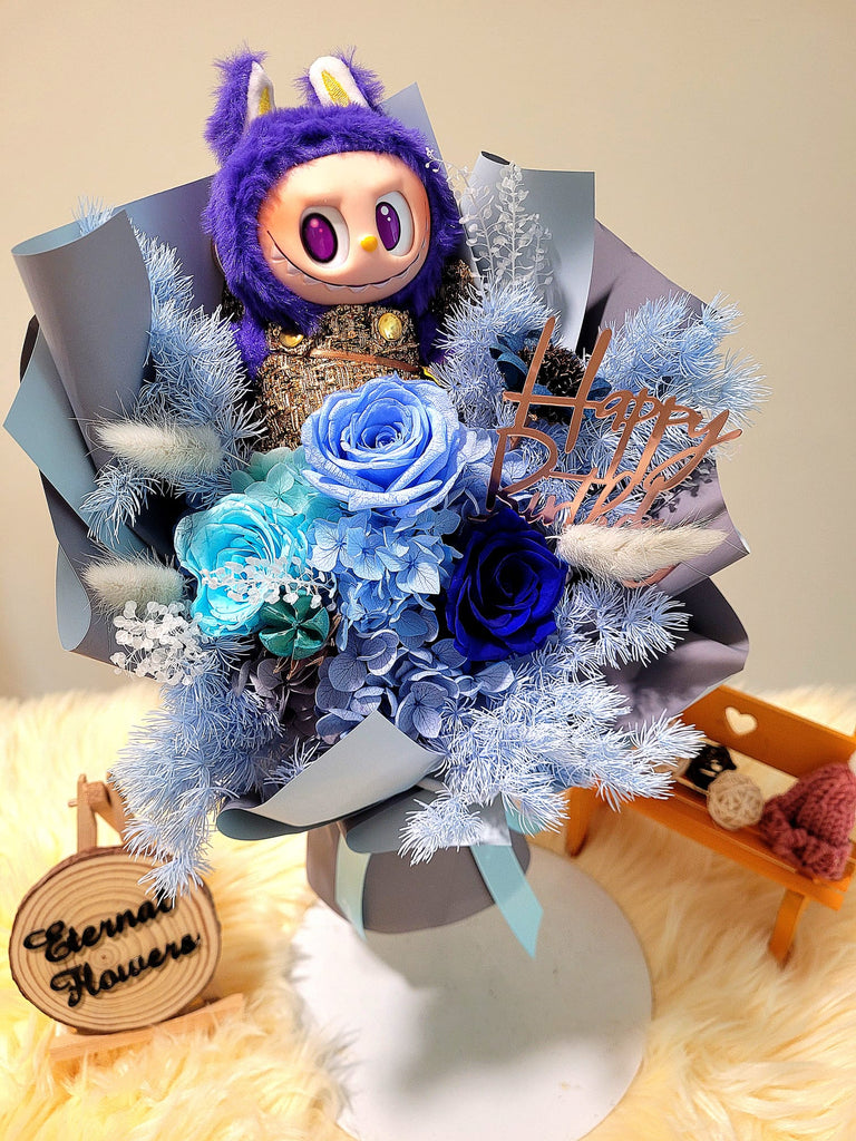 Eternal Elegance Blue Preserved Roses Bouquet With Labubu Wings of Fortune Plush Toy. Same Day Delivery.