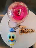 Donald Duck Preserved Flower Keychain Charm and Personalized Wooden Name