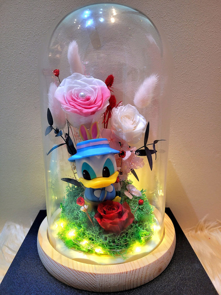 Donald Duck Preserved Flower Dome With Pink Roses and Same Day Delivery