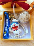 White Rose Preserved Flower Charm With Doraemon. Same Day Delivery.