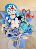 Eternal Blossoms Preserved Dark Blue Carnation Bouquet With Doraemon Plush