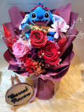 Eternal Elegance Red Preserved Roses Bouquet With Stitch Plush Toy. Same Day Delivery.