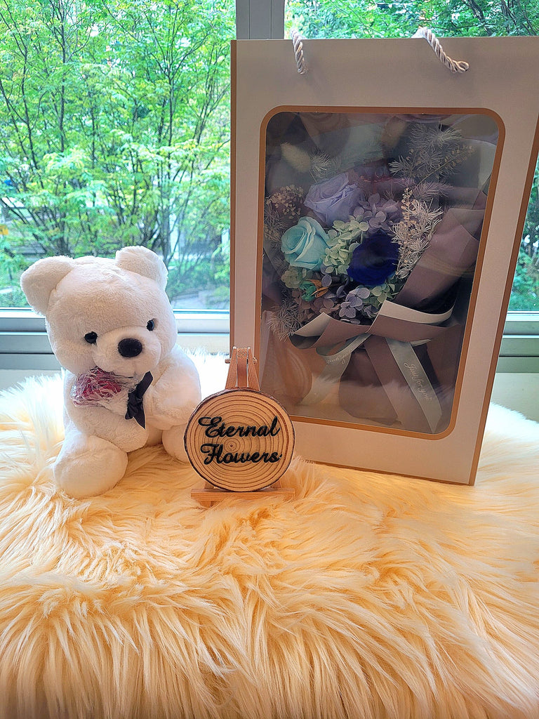 Eternal Elegance Blue Preserved Roses Bouquet With Cute Teddy Bear. Same Day Delivery.