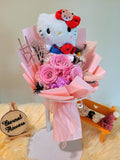 Forever In Love Preserved Flowers Bouquet With Hello Kitty Plush Toy. 100% High Quality Real Flowers. Same Day Delivery.