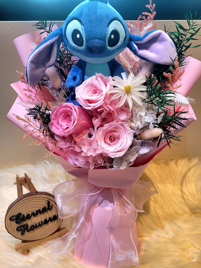 Forever In Love Preserved Roses Bouquet With Stitch Plush Toy. Same Day Delivery.