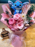 Forever In Love Preserved Roses Bouquet With Stitch Plush Toy. Same Day Delivery.