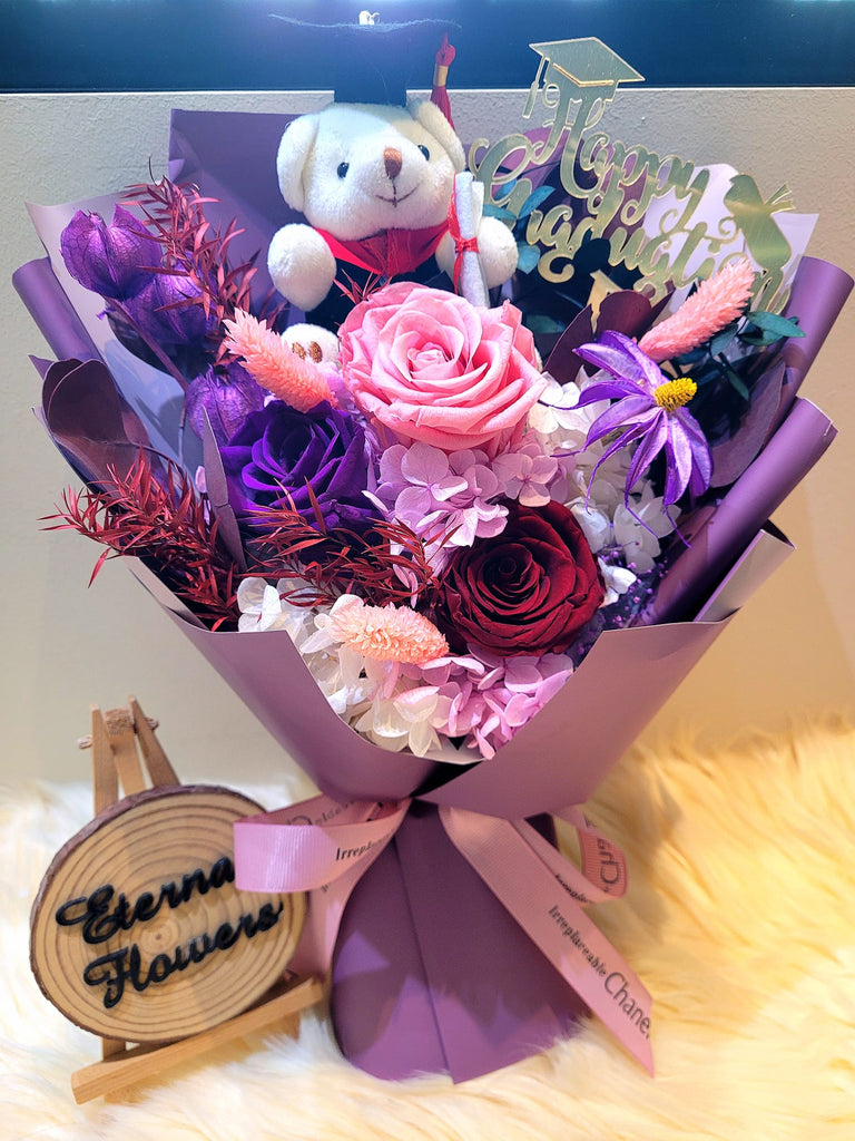 Graduation Bouquet: Timeless Romance Dark Purple, Dark Red and Light Pink Preserved Roses Bouquet