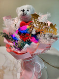 Graduation Bouquet: Rainbow Preserved Roses Bouquet With Elegant Pink Wrapper and Teddy Bear v2