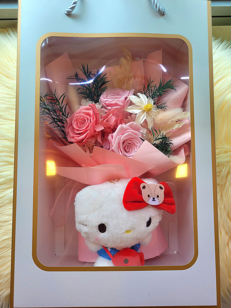 Forever In Love Preserved Flowers Bouquet With Hello Kitty Plush Toy. 100% High Quality Real Flowers. Same Day Delivery.