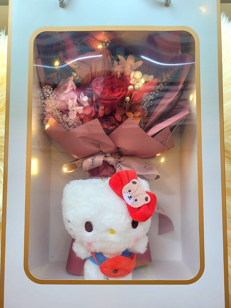 Eternal Elegance Red Preserved Roses Bouquet With Hello Kitty Plush Toy