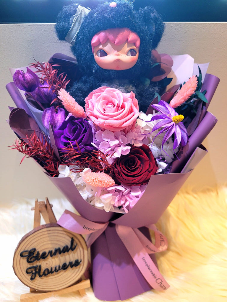 AUTHENTIC HIRONO With Timeless Romance Dark Purple, Dark Red and Light Pink Preserved Roses Bouquet