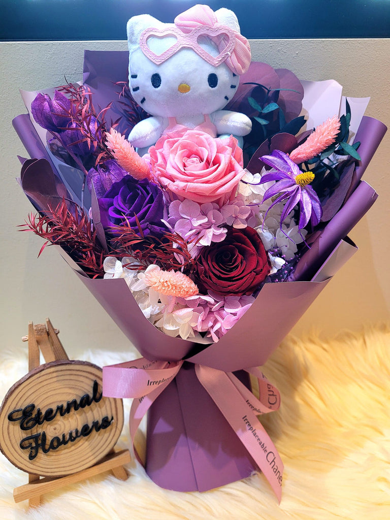 Timeless Romance Dark Purple, Dark Red and Light Pink Preserved Roses Bouquet With Hello Kitty Plush