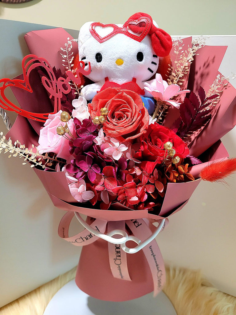 Eternal Elegance Red Preserved Roses Bouquet With Hello Kitty Plush Toy Eternal Elegance Red Preserved Roses Bouquet With Hello Kitty Plush Toy