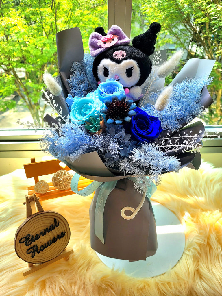 Eternal Elegance Blue Preserved Roses Bouquet With Kuromi Plush Toy. Same Day Delivery.