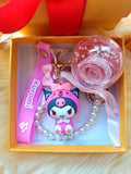 Pink Rose Preserved Flower Charm With Kuromi. Same Day Delivery Available.