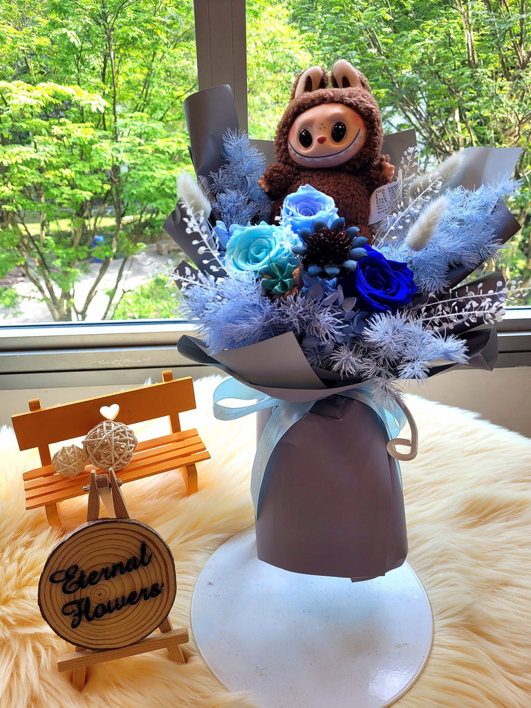 Eternal Elegance Blue Preserved Roses Bouquet With Labubu Plush Toy