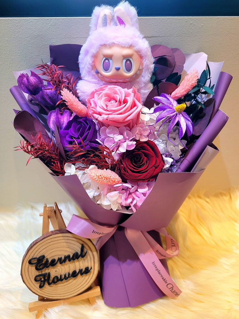 AUTHENTIC LABUBU Big Into Energy With Timeless Romance Dark Purple, Dark Red and Light Pink Preserved Roses Bouquet