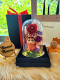 Limited Edition Large Orange Crayon Shin-Chan Figurine Preserved Flower Dome With Red Roses And Same Day Delivery