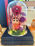 Limited Edition Large Orange Crayon Shin-Chan Figurine Preserved Flower Dome With Red Roses And Same Day Delivery