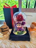 Limited Edition Large Purple Crayon Shin-Chan Figurine Preserved Flower Dome With Red Roses And Same Day Delivery