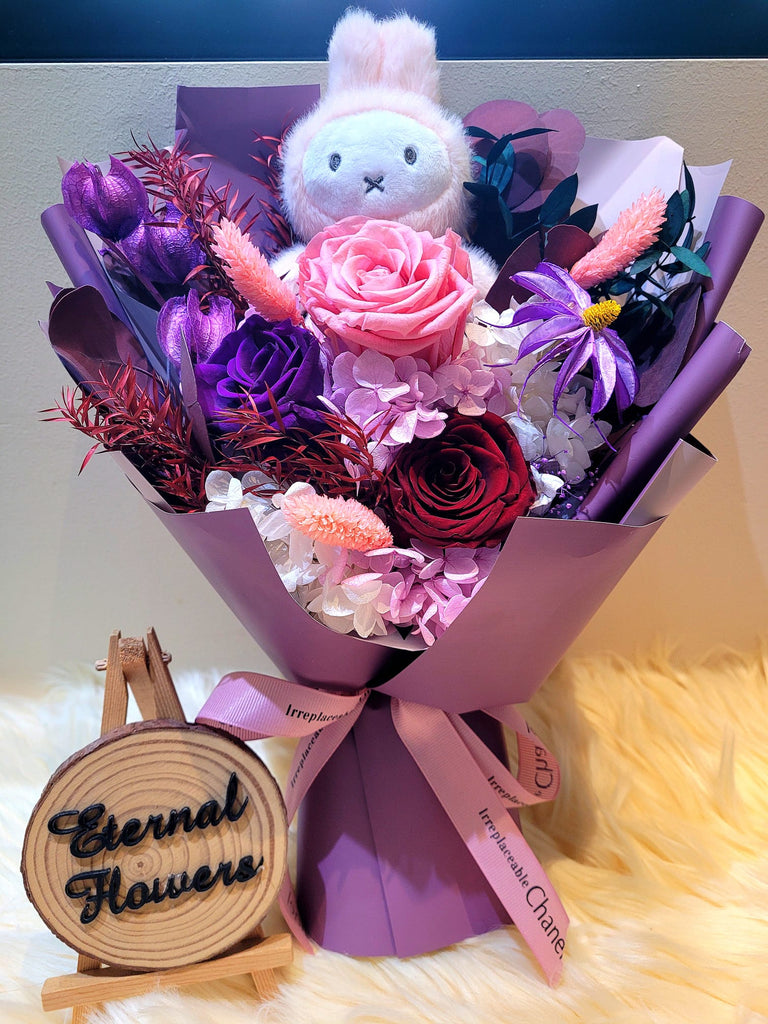 AUTHENTIC MIFFY With Timeless Romance Dark Purple, Dark Red and Light Pink Preserved Roses Bouquet