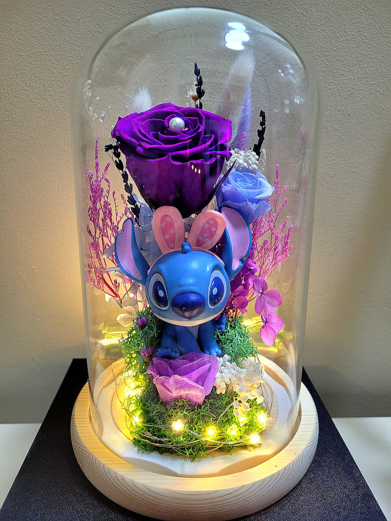 Premium Miniso Stitch Preserved Flower Dome With Purple Roses And Same Day Delivery