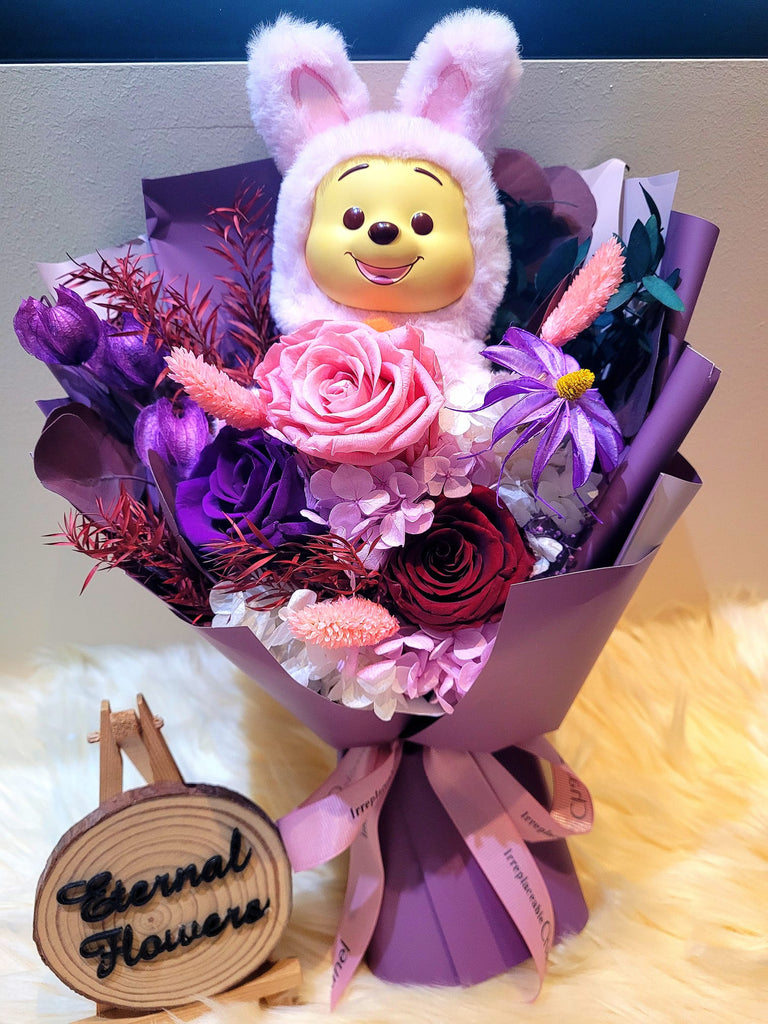Premium Miniso Winnie The Pooh With Timeless Romance Dark Purple, Dark Red and Light Pink Preserved Roses Bouquet